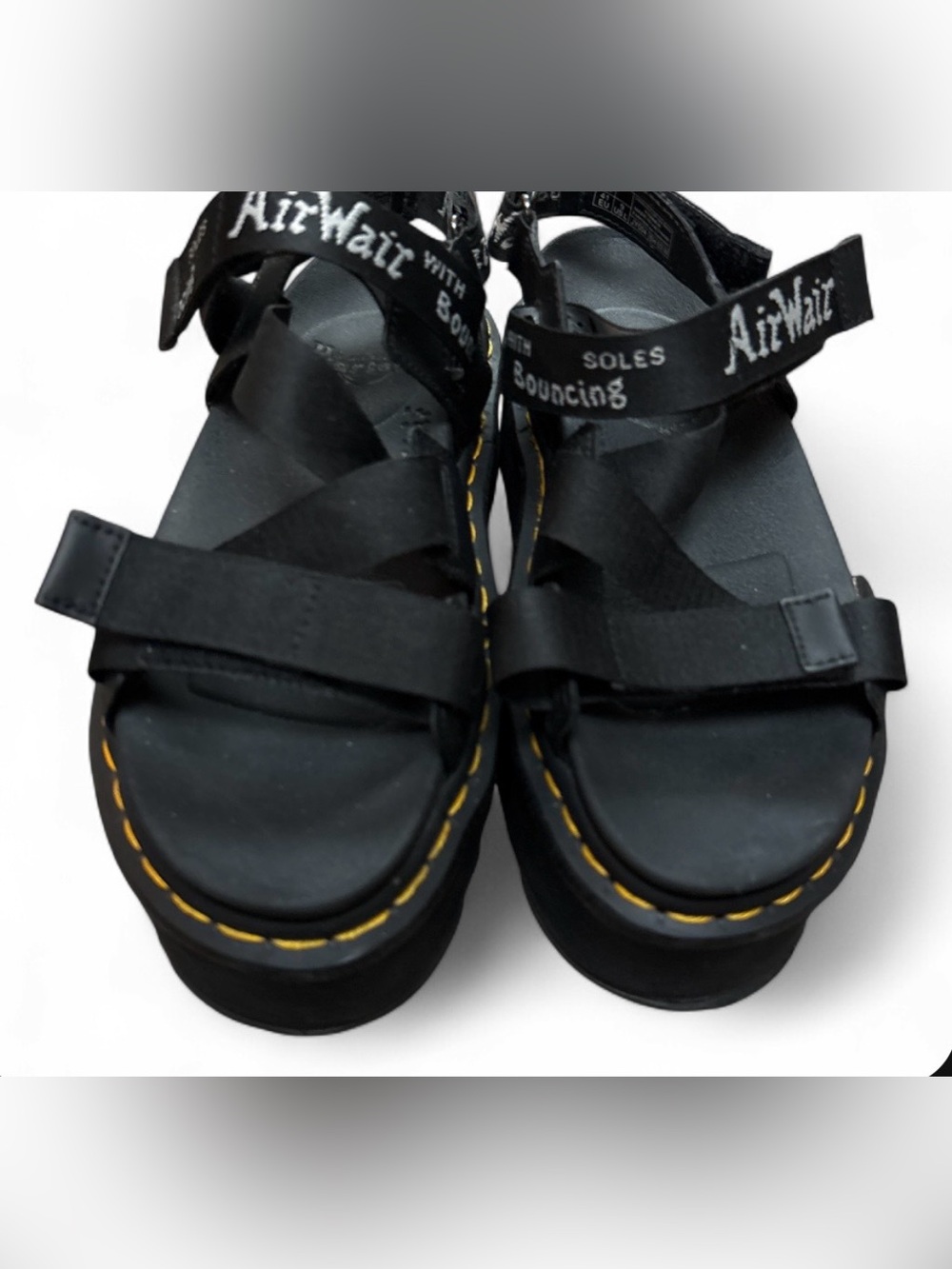 Black Women’s Dr. Martens Platform Sandals with Yellow Stitching - Picture 2 of 5